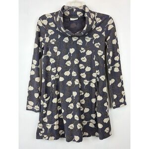 Komil Flute Print Top Small Jersey Tunic Blue All Over Bold Artsy Boho Cowl Neck